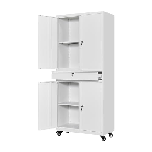 Metal Storage Cabinet with Wheels, Garage Storage Cabinet with Locking Draw and Adjustable Shelf, Tool Storage Cabinet for Garage, Home, Office, Gym, School (White, On Wheels)