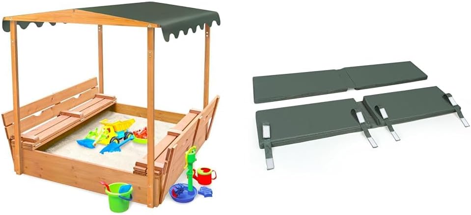 Badger Basket Sandbox with Seat Pad Bundle, Covered Convertible Cedar Wooden Sandbox with Canopy, Natural + Cedar Sandbox Bench Seat Outdoor Cushions Set of 2, Dark Green