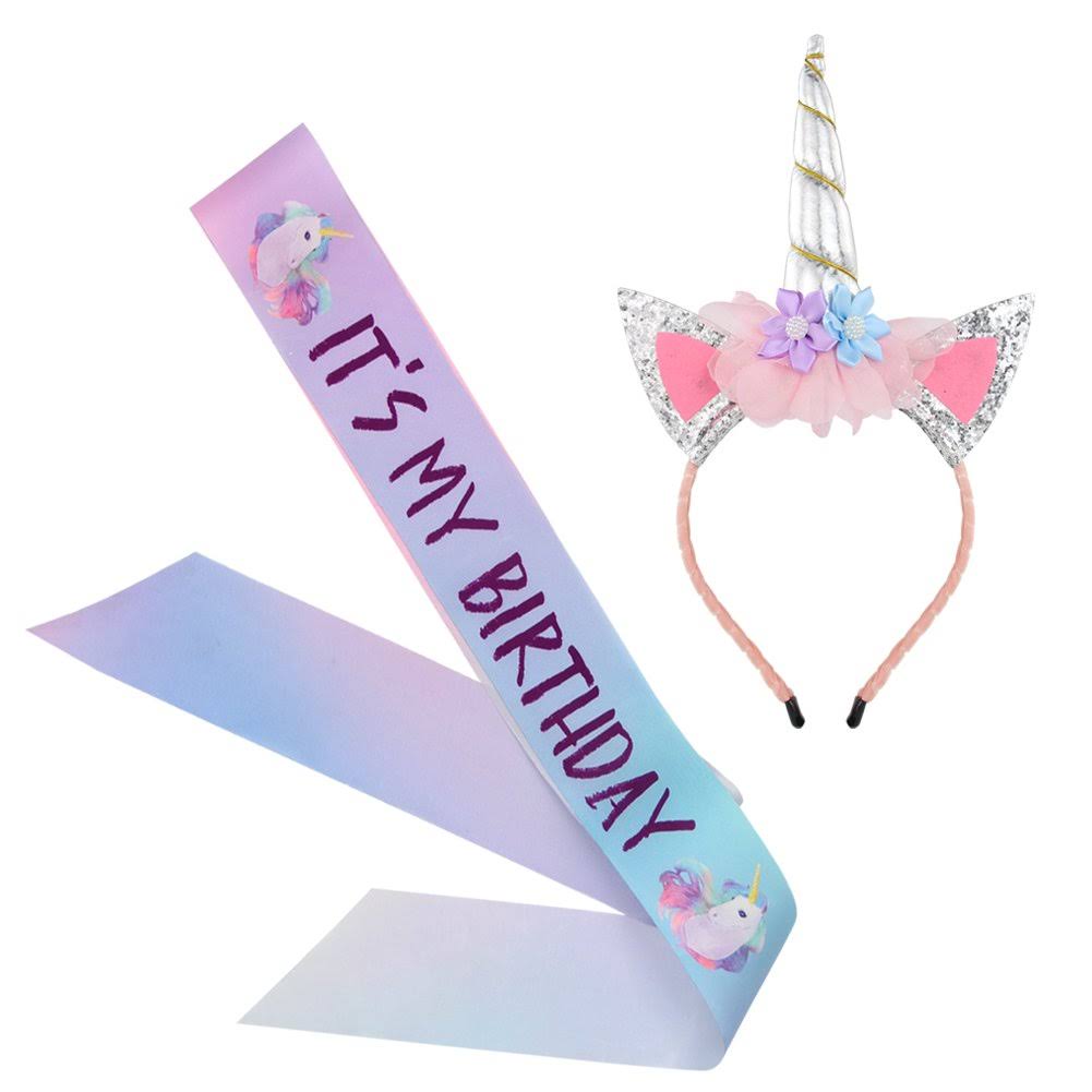 Unicorn Birthday Set, Beinou Shiny Unicorn Headband and Birthday Sash Set Perfect Unicorn Theme Birthday Party Supplies, Silver