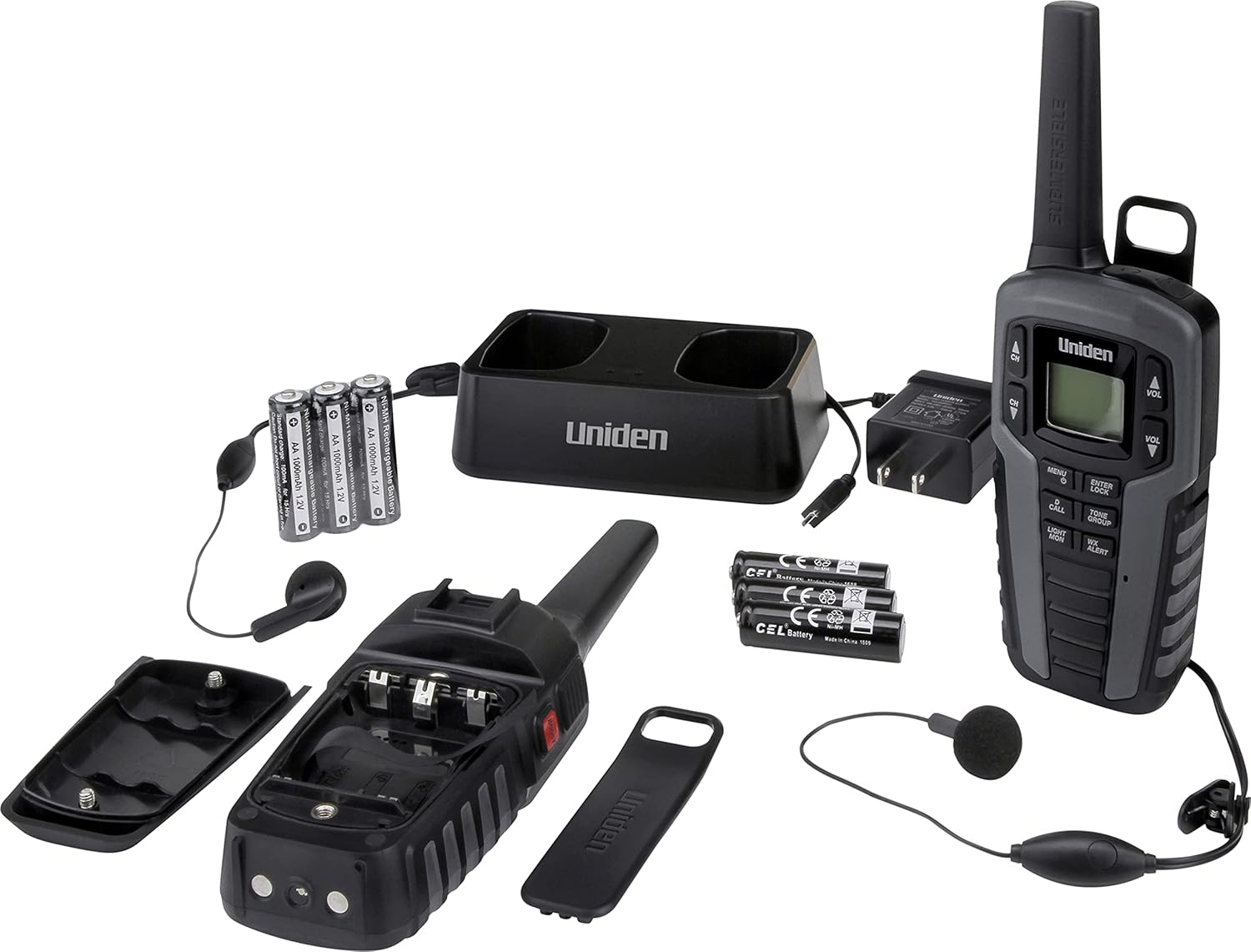 Uniden SX507-2CKHS Up to 50 Mile Range Two-Way Radio Walkie Talkies W/Dual Charging Cradle, Waterproof, Floats, 22 Channels, 142 Privacy Codes, NOAA Weather Scan + Alert, Includes 2 Headsets