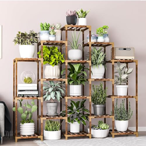 HOMOKIRT Plant Stands Indoor Clearance, 10 Tier Plant Shelf for Multiple Tall Plants, Wood Corner Plant Stand Rack Holder Flower Stand Plant Display for Patio Porch Garden Living Room