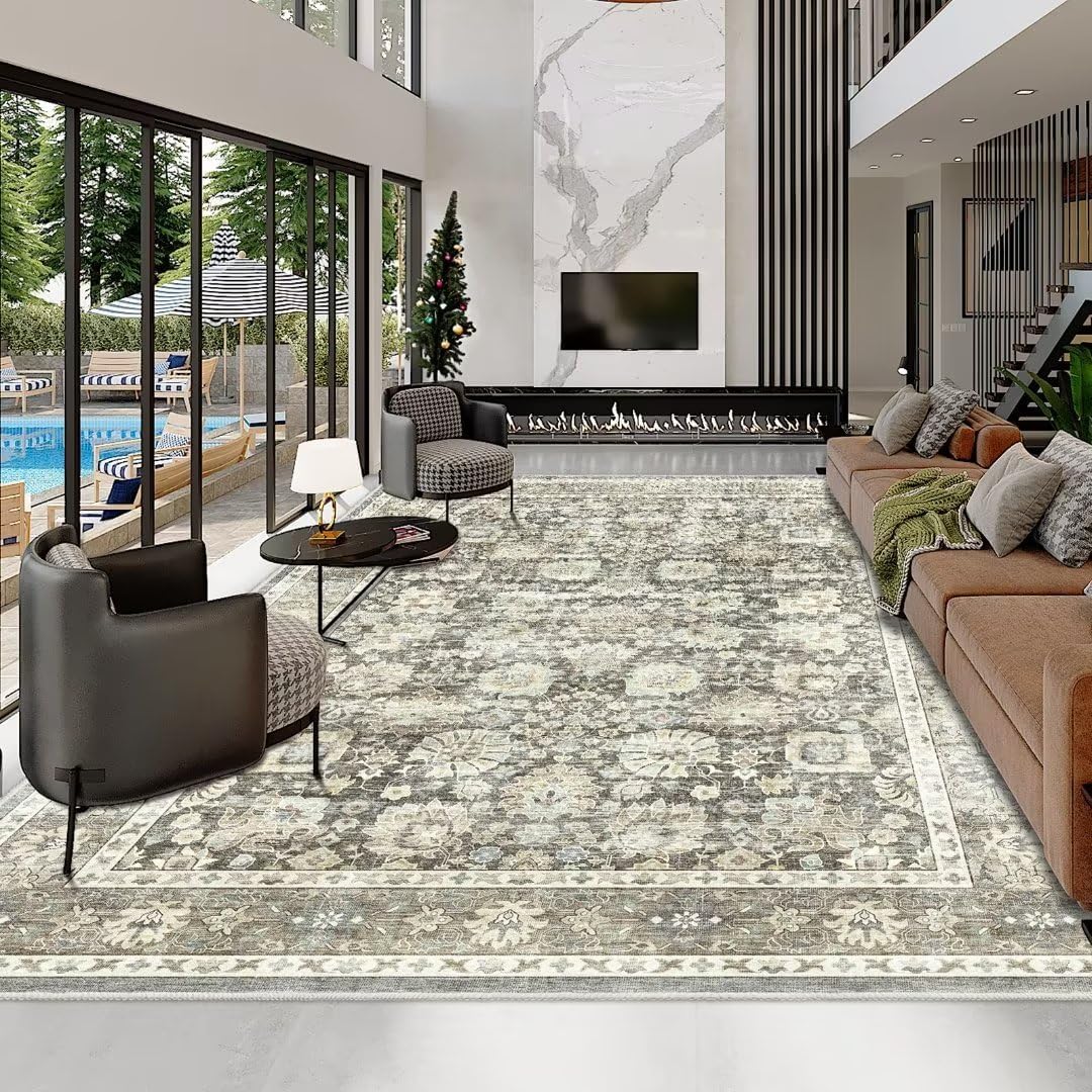 HOMFINE Machine Washable Rug 9'x12' - Vintage Design Area Rugs with Non Slip Rugs for Living Room Bedroom Floral Print Rug Carpet Stain Resistant, Home Decor Office Area Rug, Grey