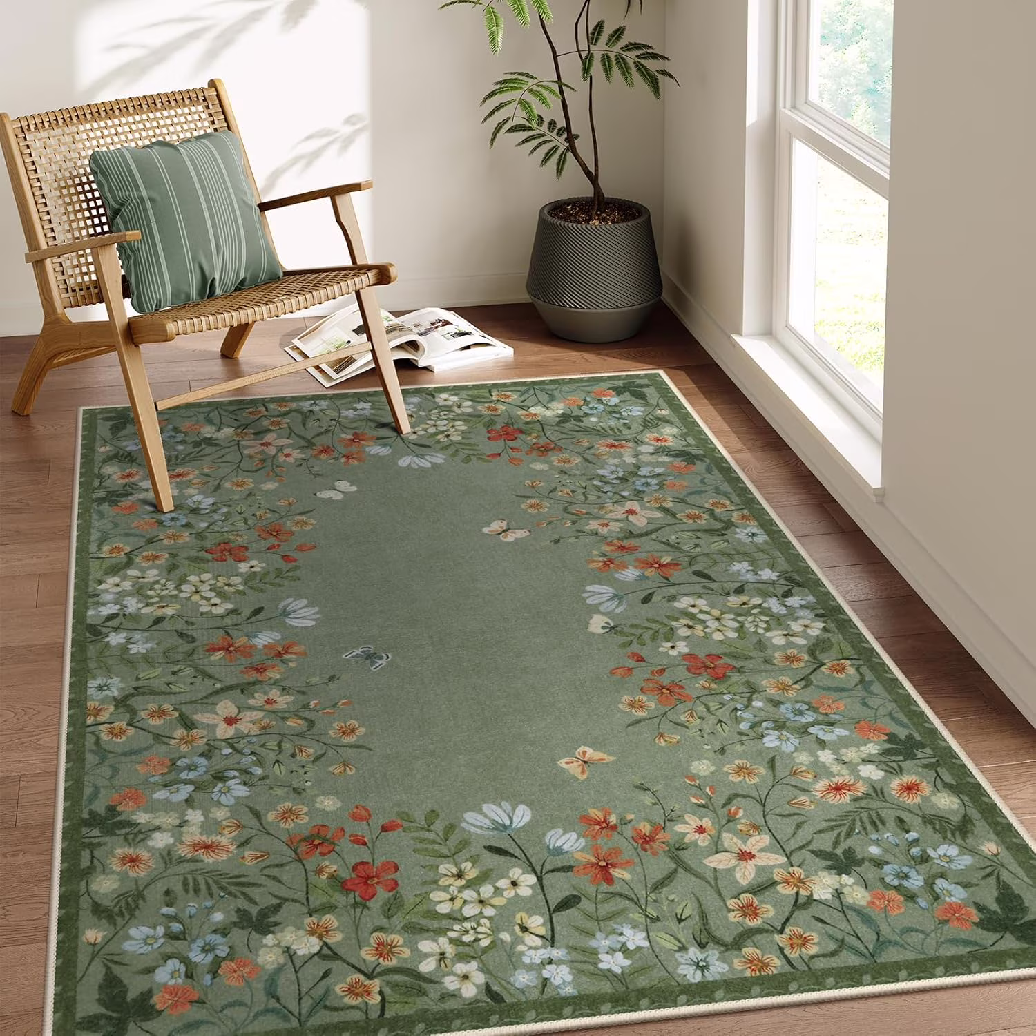Washable Area Rug 4x6, Green Floral Rugs for Living Room, Non-Slip Large Kitchen Throw Mat, Low-Pile Indoor Botanical Floor Carpet for Girls Bedroom Laundry Entrance (Green,4'x6')