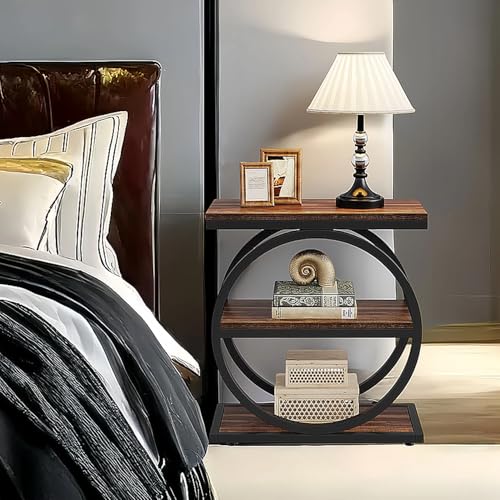 3-Tier End Table for Living Room, Narrow Side Table with Storage, Wood Sofa Table with Round Metal Frame, Industrial Nightstand for Bedroom