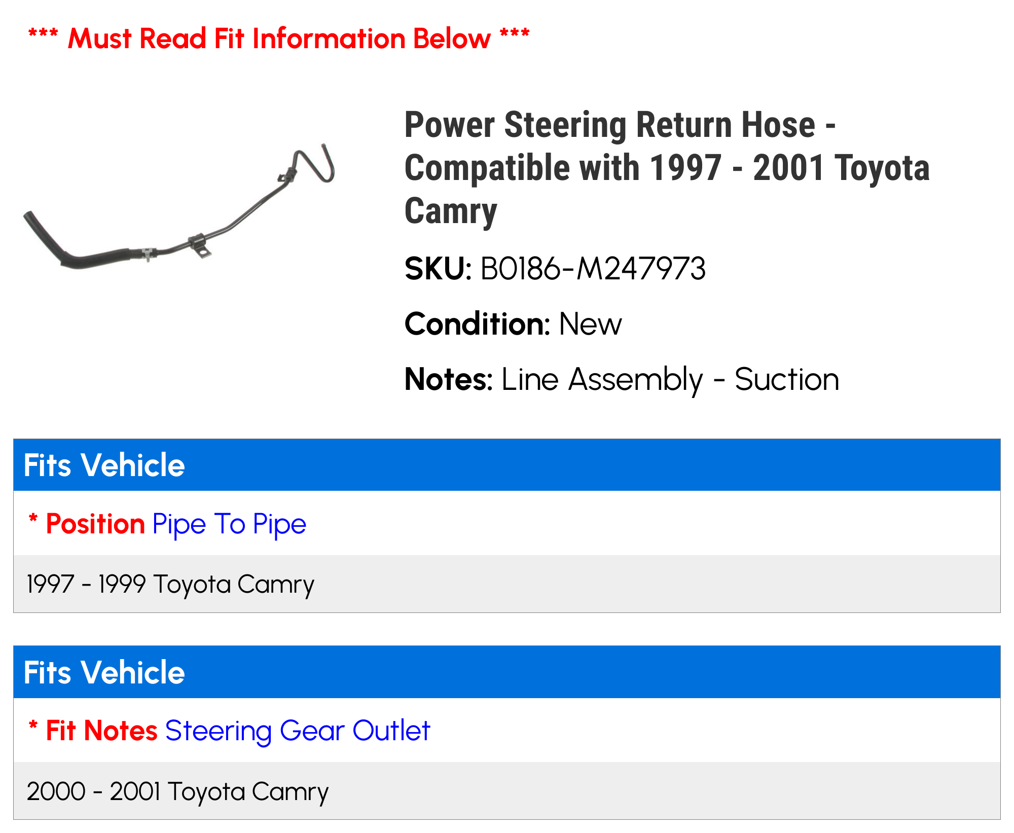 Power Steering Return Hose - Compatible with 1997 - 2001 Toyota Camry 1998 1999 2000
