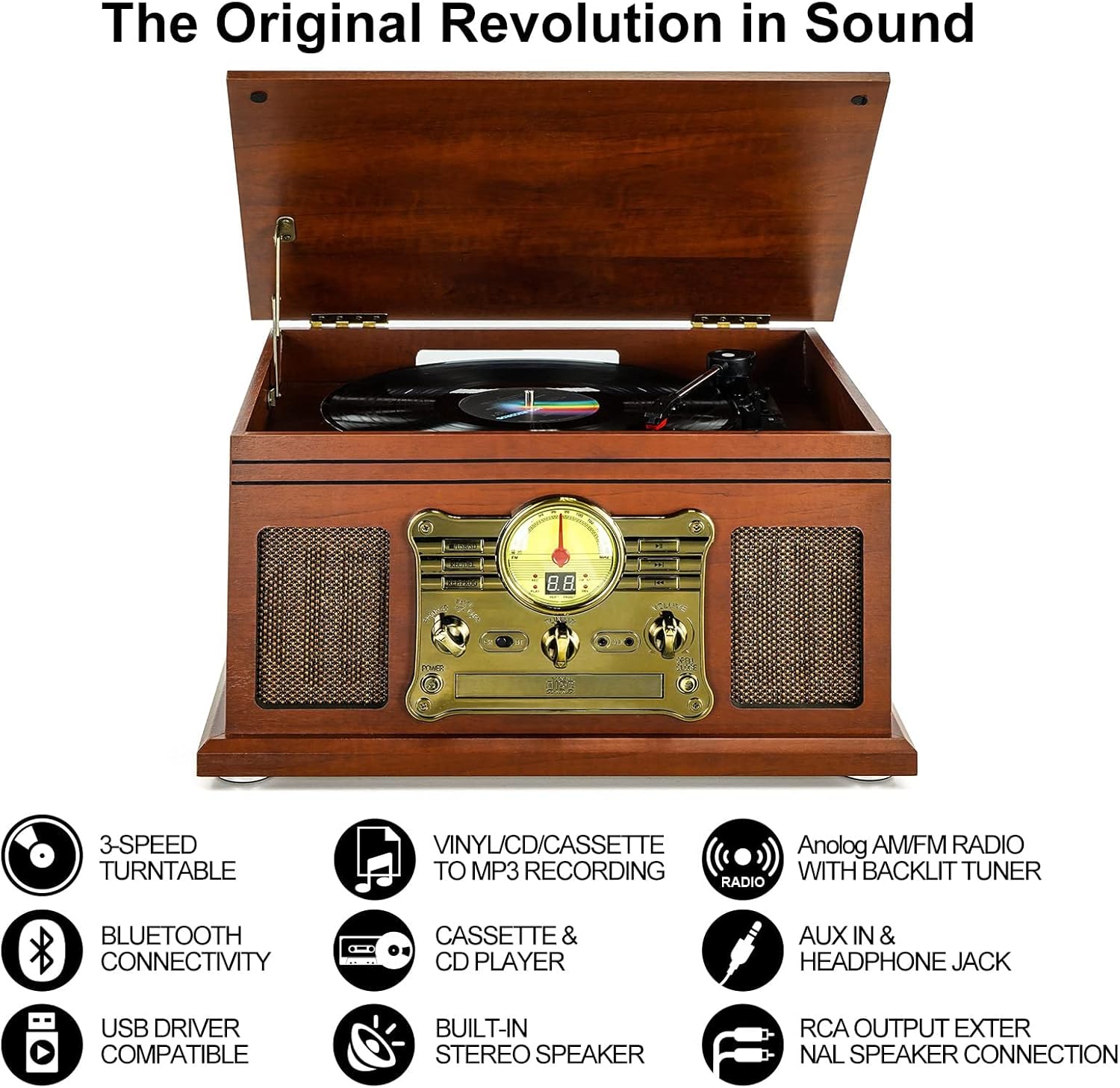 10 in 1 Bluetooth Record Player, 3-Speed Turntable for Vinyl with Speakers, LP to MP3 Converter, CD, Cassette Player, FM Radio, Wireless Streaming | Mahogany