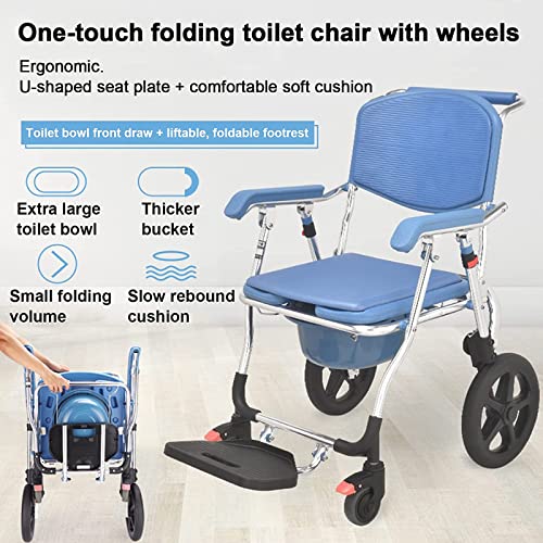 Shower Transport Chairs on Wheels 3 in 1 Folding Shower Wheelchair Bedside Commode with Pail Soft Cushion Backrest Locking Wheels with Large Commode for Seniors (blue)