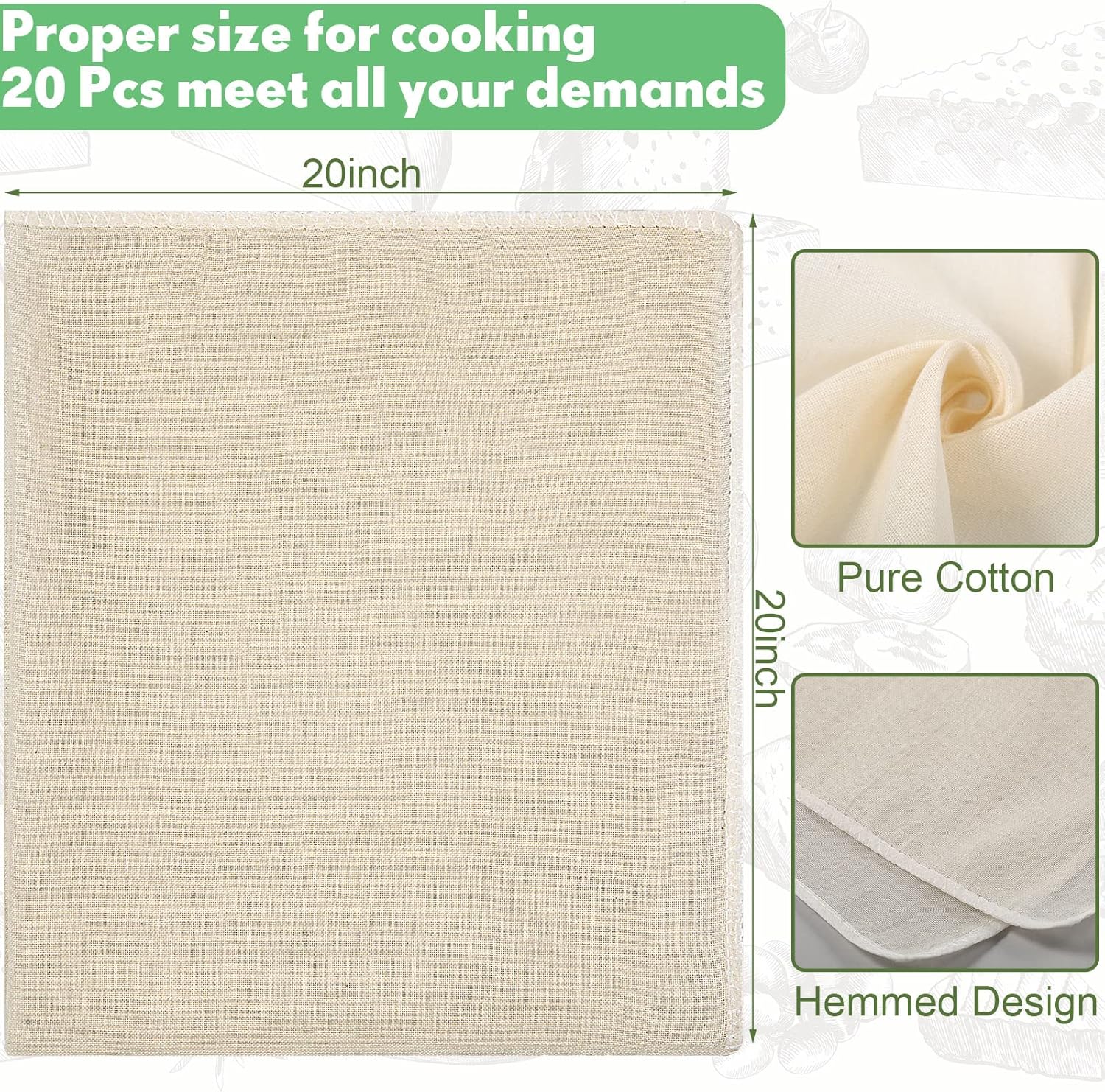 20 Pieces Grade 100 Cheese Cloths for Straining Cheesecloth Hemmed Reusable Muslin Cloth for Straining Unbleached Cotton Cheese Cloth Bulk for Baking, Juicing, Cheese Making (20 x 20 Inch)