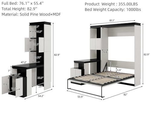 MERITLINE Full Murphy Bed with Desk & Storage Bookcase Shelves, White Wood Murphy Bed Cabinet Folding Wall Unit
