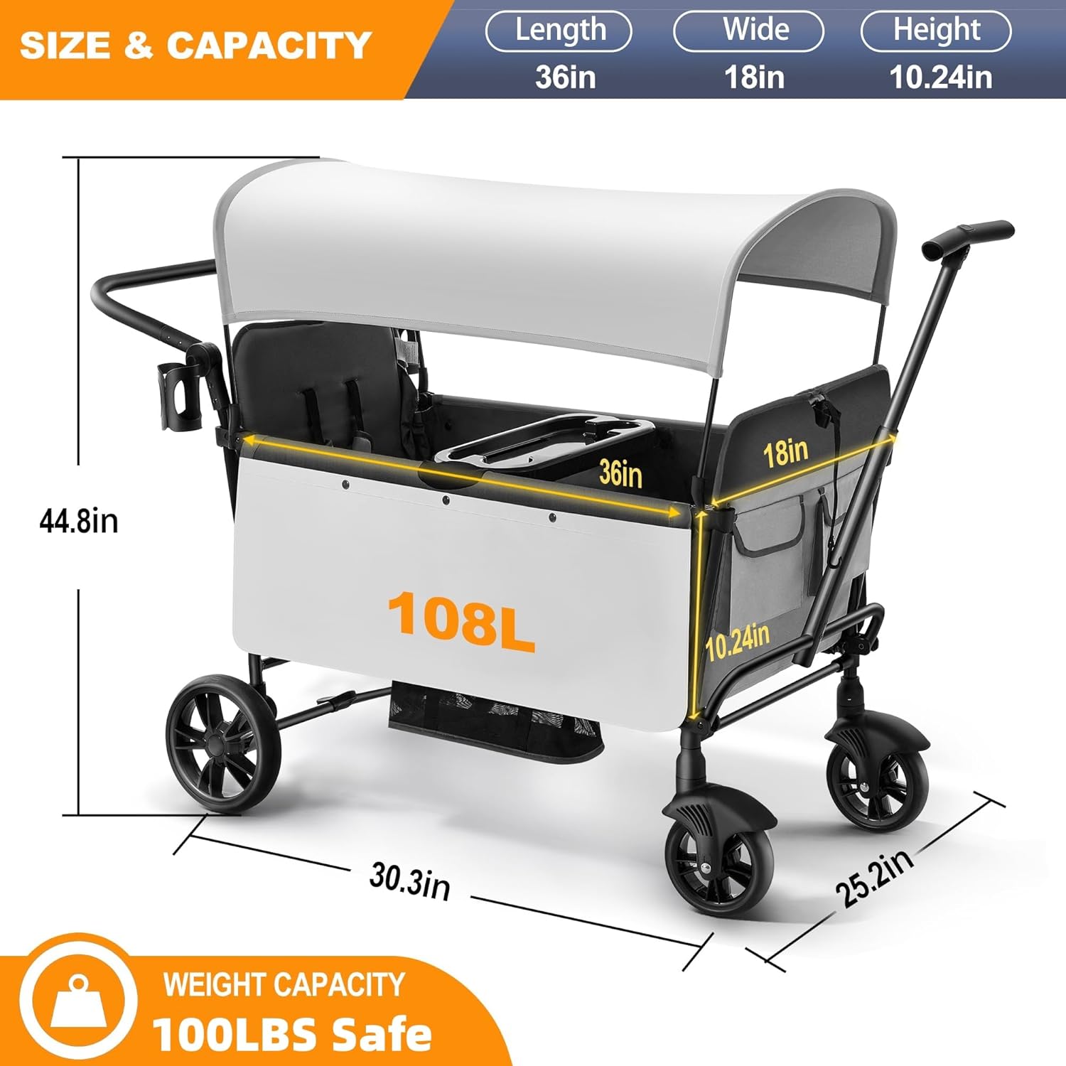 Foldable Stroller Wagon for 2 Kids, Wagon Stroller with Adjustable Handle-Bar, Push Pull Collapsible Stroller with Removable UV-Protection Canopy 5-Point Harness Shock-Absorbing Wheels, Grey