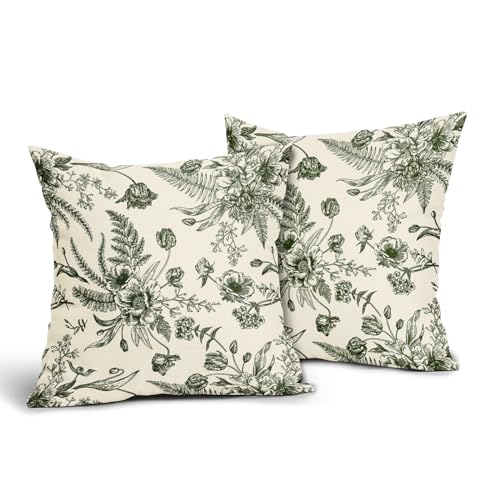 Dark Green Cream Flowers Pillow Covers 20x20 Inch 2 Packs Morden Floral Throw Pillows Vintage Spring Flowers Decorative Cushion Cover for Patio Furniture Sofa Bedroom Indoor/Outdoor Party