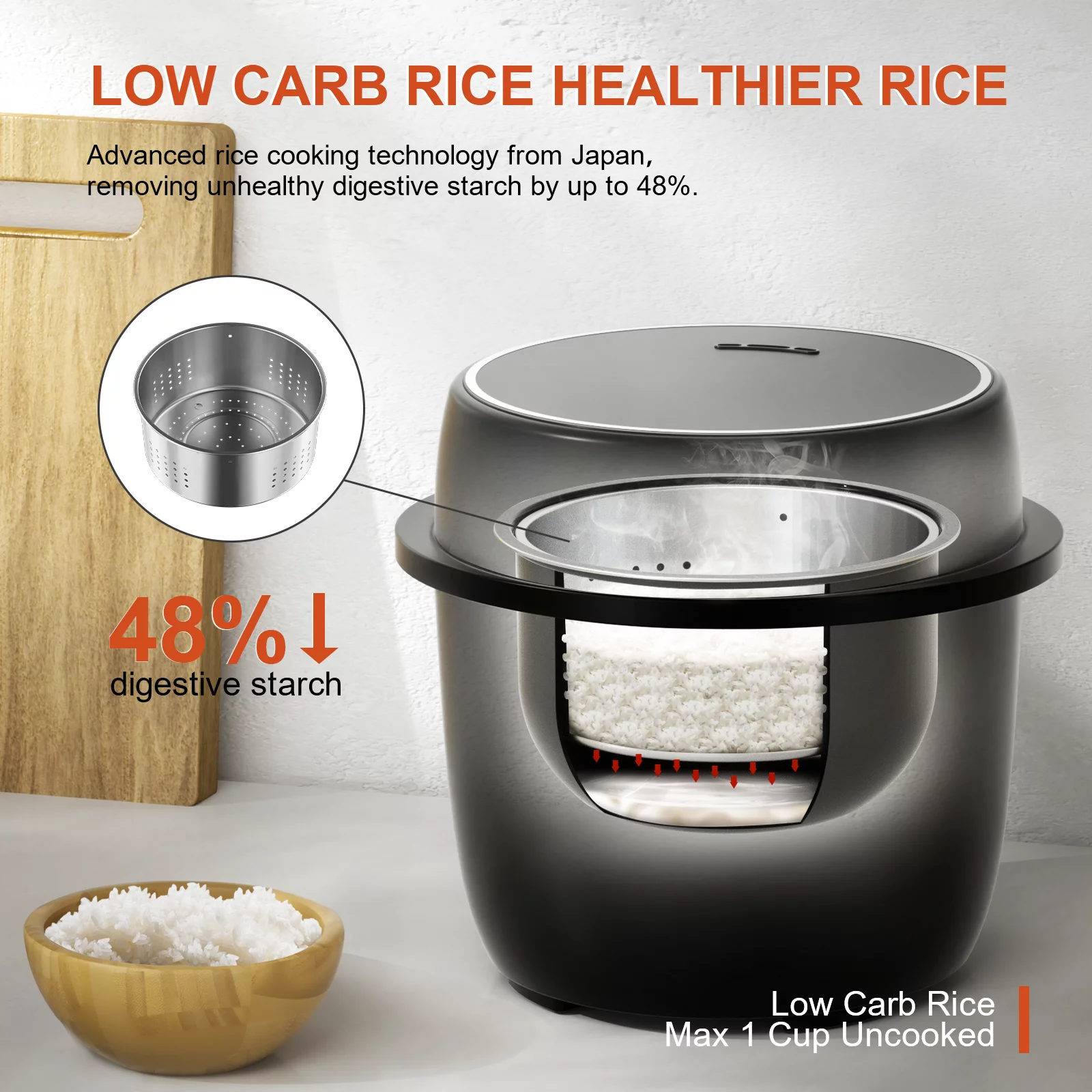 Low Carb Rice Cooker Small, 3 Cup Uncook Rice Cooker with Steamer, Delay Timer, Auto Keep Warm, Rice/Sushi/Cake/Vegetable, Black