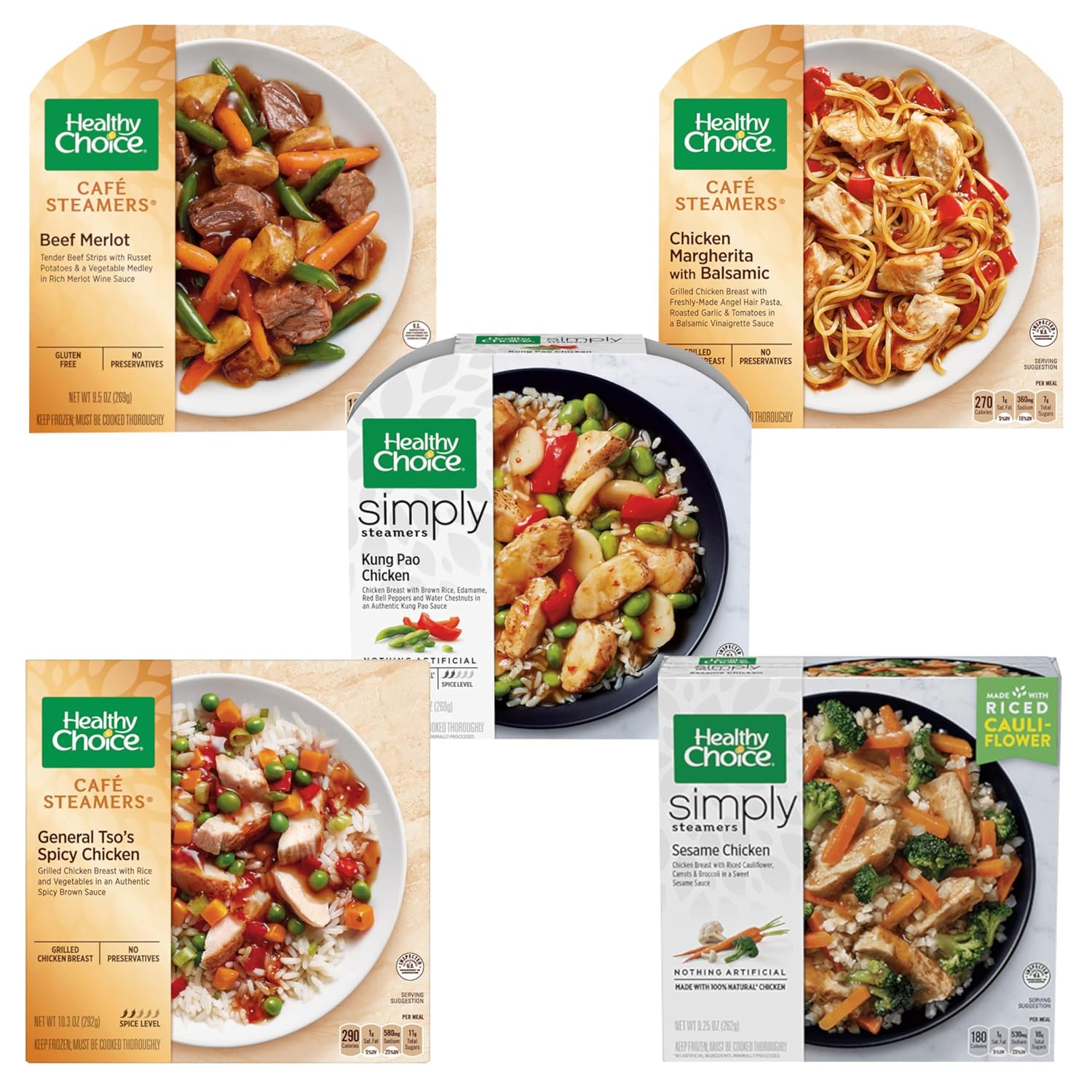 Healthy Choice Frozen Meals Variety Pack - Healthy Choice Sesame Chicken - Spicy Chicken General Tso's - Chicken Margherita with Balsamic - Kung Pao Chicken - Beef Merlot - 1 Box of Each, 5 Total
