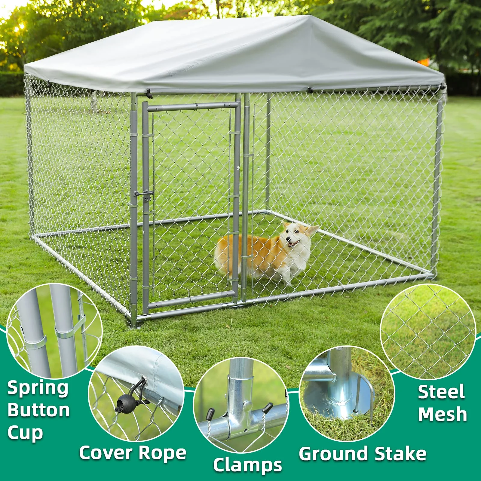 VIVIJASON Outside Dog Run House Pet Enclosure, Large Outdoor Dog Kennel with Galvanized Chain Link, Heavy Duty Pet Fence Cage with Fully Enclosed UV-Resistant Oxford Cloth Roof & Secure Lock