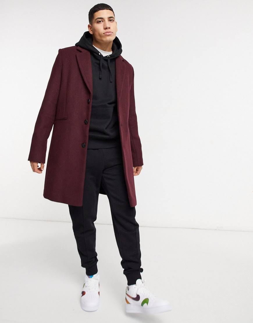 ASOS Design Wool Mix Overcoat in Port-Red