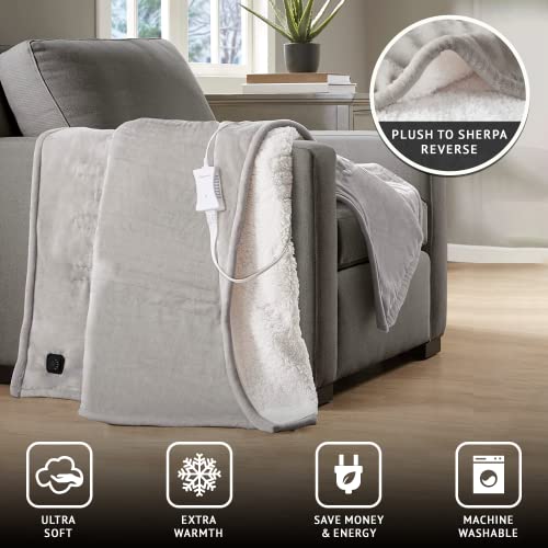 Beautyrest Plush to Sherpa Reversible Electric Blanket, Built-in Soft Button Controller, Auto Shut Off, Multi Heat Setting, UL Certified, Machine Washable Heated Throw, 50x60 Red Plaid