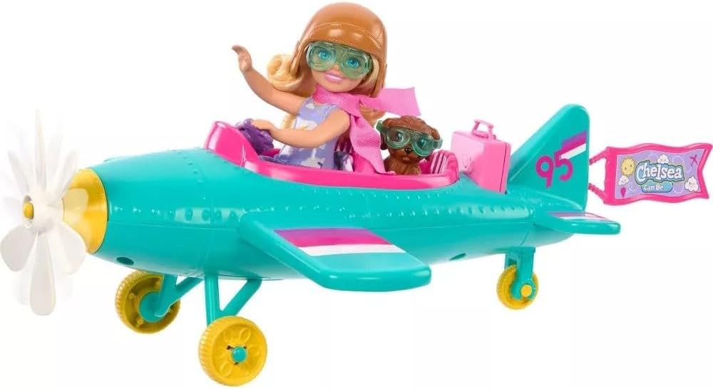 Barbie Chelsea Can Be Doll & Plane Playset, 2-Seater Aircraft with Spinning Daisy Propellor & 7 Accessories, Includes Pet Puppy & Stickers