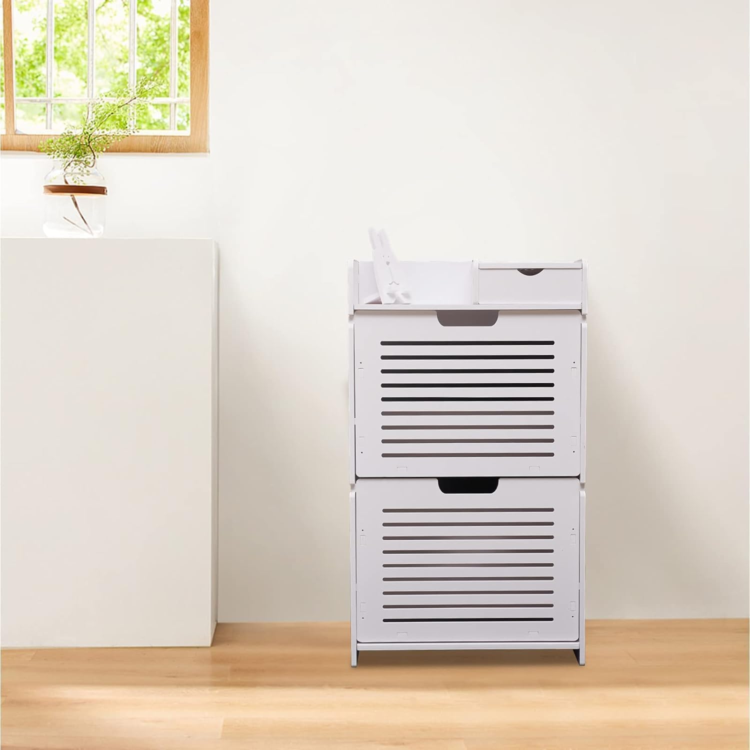 Shoe Storage Cabinet - 2 Flip Drawers Free Standing Shoe Rack 31.69in Tall White Wood Look Slim Shoe Organizer Cabinet Freestanding 8 Pair Shoe Rack Organizer for Entryway Hallway Bedroom