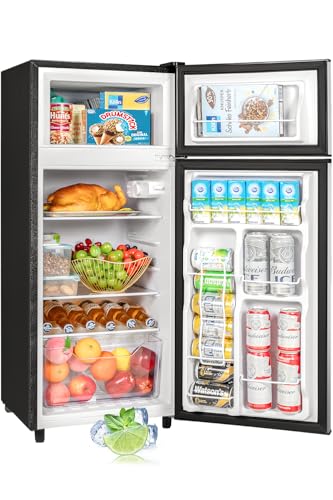 Double Door Refrigerator with Freezer, 4.5 Cu.Ft, Small Fridge with Freezer, 7 Settings Temperature Adjustable, Mini Refrigerator for Apartment Bedroom Dorm and Office, (Silver)