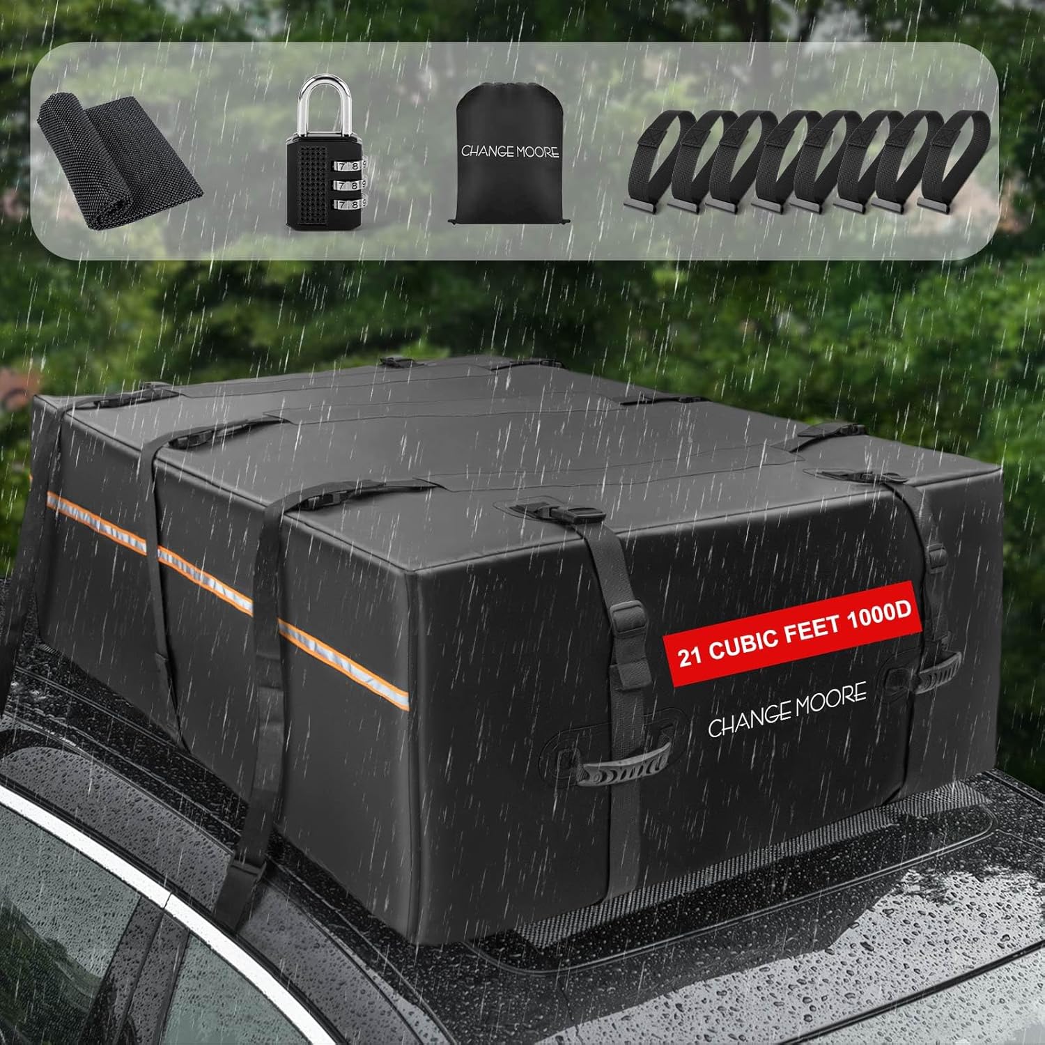 Car Rooftop Cargo Carrier Bag: 21 Cubic Feet 1000D Waterproof Car Roof Storage for All Vehicles with/without Rack includes Anti-Slip Mat, 8 Door Hooks, Storage Bag, Luggage Lock