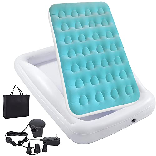 Inflatable Kids Travel Bed Toddler Air Mattress Set - Portable Blow Up Mattress Sleeping Bed Cot with Security Bed Rails and Electric Pump Ideal for Road Trip Camping Sleepovers etc. (Upgraded)