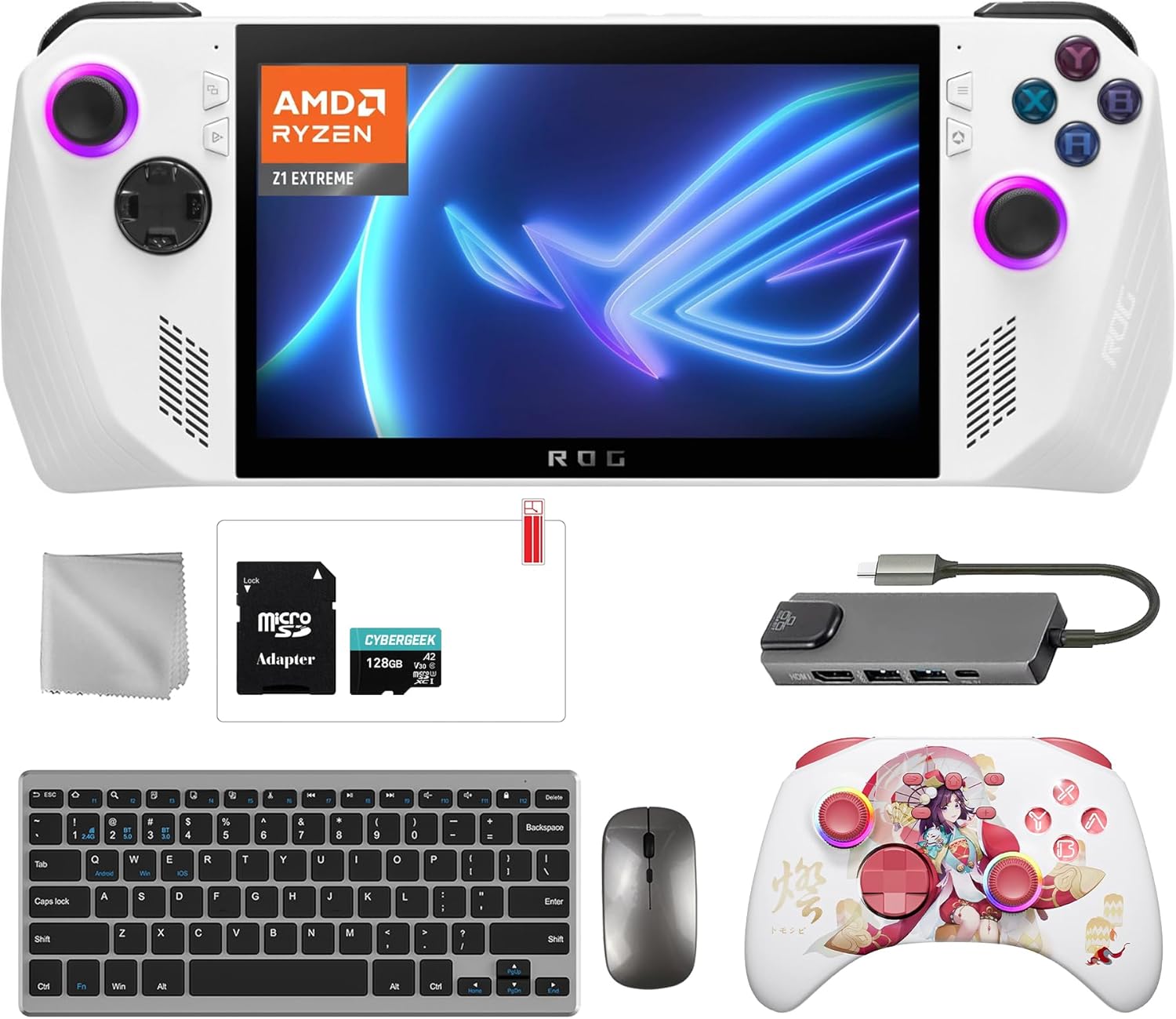 ASUS ROG Ally 512GB Gaming Handheld 7-inch Touchscreen 120Hz FHD 1080p AMD Ryzen Z1 Extreme Processor, Touro Wireless Pro Controller, Hub, 128GB MicroSD, Keyboard & Mouse, 8 in 1 Bundle