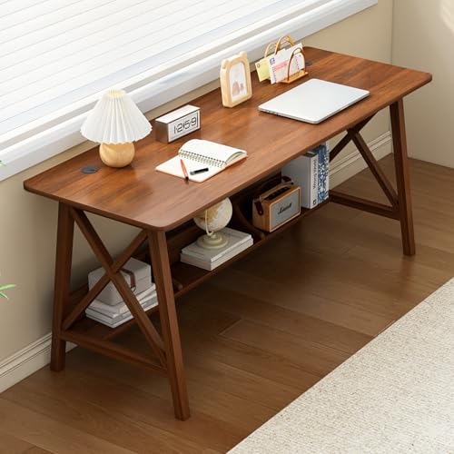 Extra Long Desk with Bookshelf - Solid Wood Home Office Work Study Table, 2-Person Writing Computer Workstation with Storage Shelf in Walnut, 55