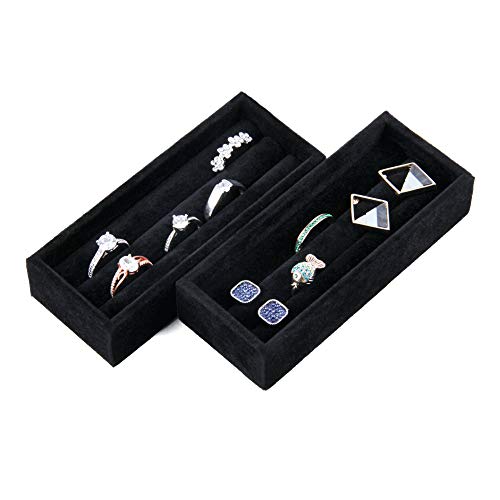 Small Jewelry Tray-Ring Organizer 2PCS Premium Velvet Rings Earrings Display Tray Storage Insert Holder for Jewelry Box, Drawer, Dresser (8 Slots, Black)