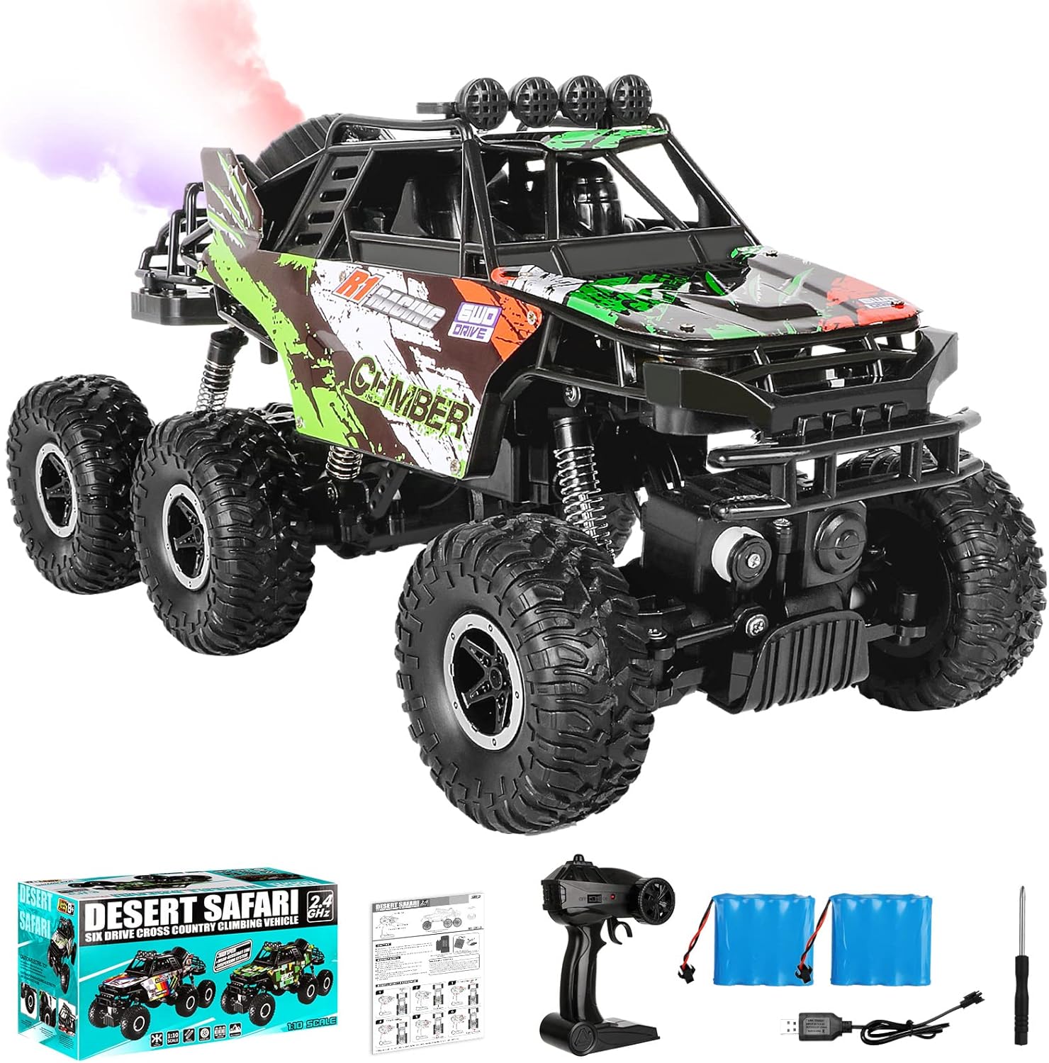 1/10 Scale Large RC Truck 2.4Ghz Remote Control Car with Color LED Mist Spray-6x6 Off-Road Remote Control Monster Truck for 40+ Min Play-All Terrains Remote Control Truck for Kids & Adults Pack of 2