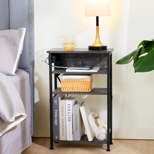 AMHANCIBLE Narrow Side Table with Charging Station, 4 Tier Slim Nightstands, Small End Tables for Small Spaces, Skinny Bedside Table with Storage Shelf, Black HETN04BK-1