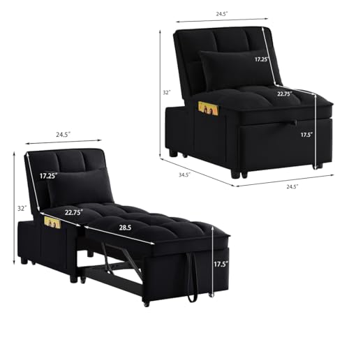 4 in 1 Convertible Sleeper Sofa Chair, Single Pull Out Couch with 6-Level Adjustable Backrest&Pillows,Modern Velvet Sofa Bed with Storage Pockets for Bedroom Living Room Small Space (Navy)