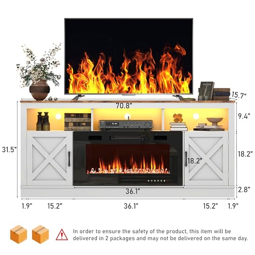 Farmhouse Fireplace TV Stand for 70/75/80 Inch TV, 32”Tall Entertainment Center w/ 36”Electric Fireplace & LED Light, 70”Media Console w/Barn Door Cabinet for Living Room, Grey