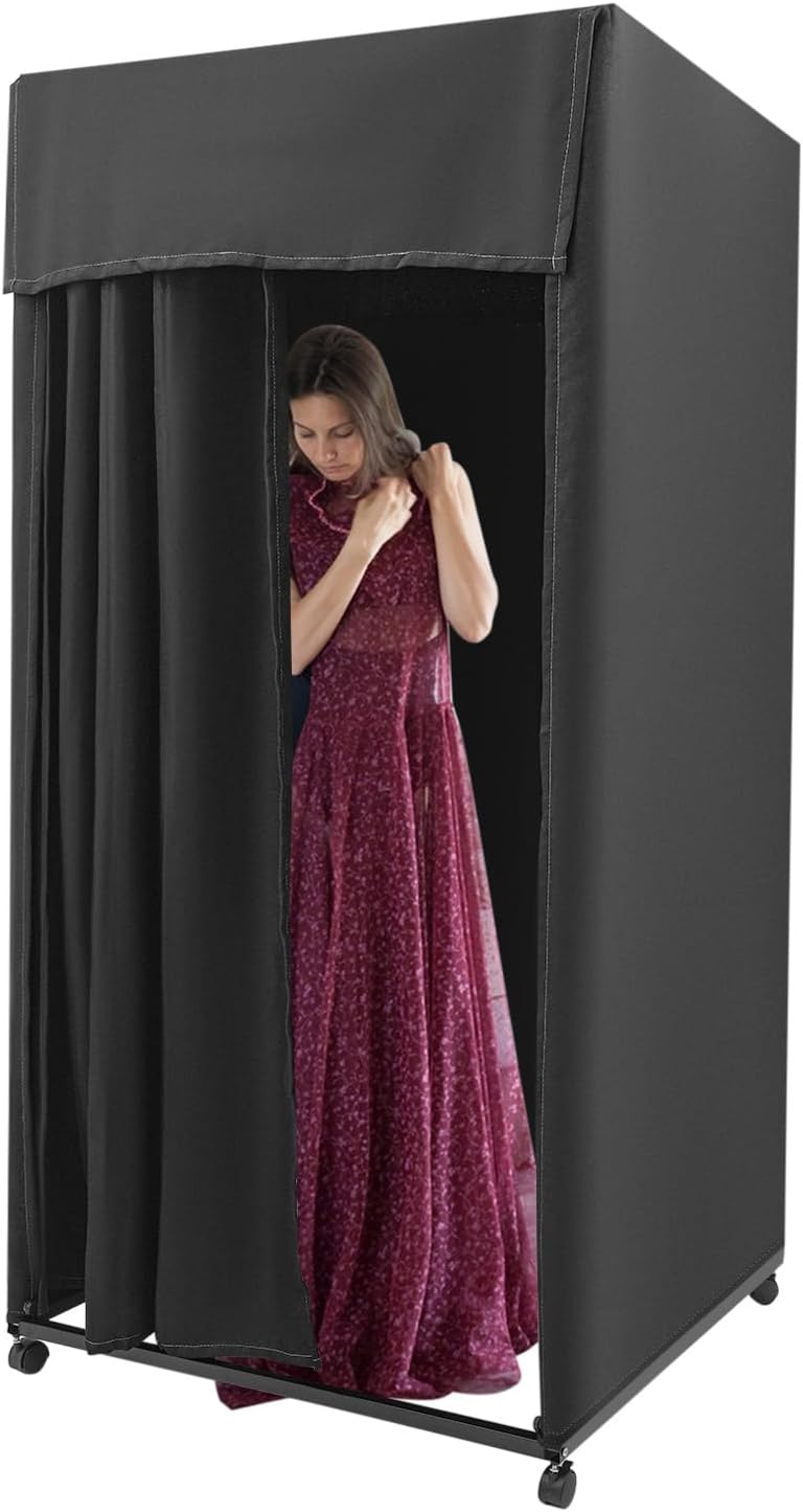 Fitting Room, Portable Dressing Room w/Shading Curtain&Vientiane Wheel&Hook Up, Movable Fitting Room for Beach, Campsites, Model Show, Shopping Mall, Office, Store