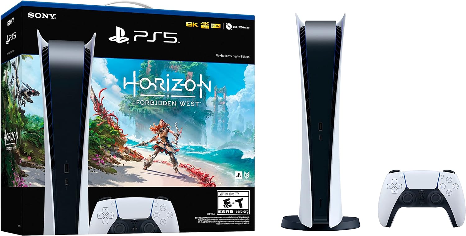 Sony PS5 Playstation 5 Digital Edition Console Horizon Forbidden West Bundle - 16GB GDDR6 Memory, Ultra-High Speed 825GB SSD, WiFi 6, Bluetooth 5.1, Ethernet, 4K-TV Gaming, Tempest 3D AudioTech - Radiant Selections
