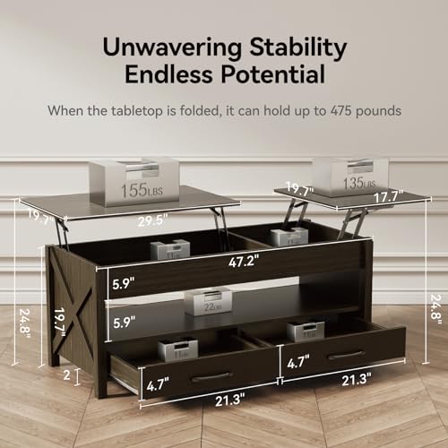 Lift Top Coffee Table for Living Room with Hidden Storage Compartment 2 Lift Tabletops Drawers and Shelf Modern Farmhouse Center Table, 47.2