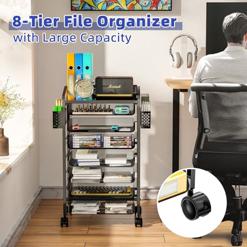 Simple Trending 14 Tier Rolling File Cart, Desk File Organizer with Sliding Trays and Wetal Mesh Paper Letter Storage Multi-Functional Rolling Clutter Cart for Office, Home, School, Black