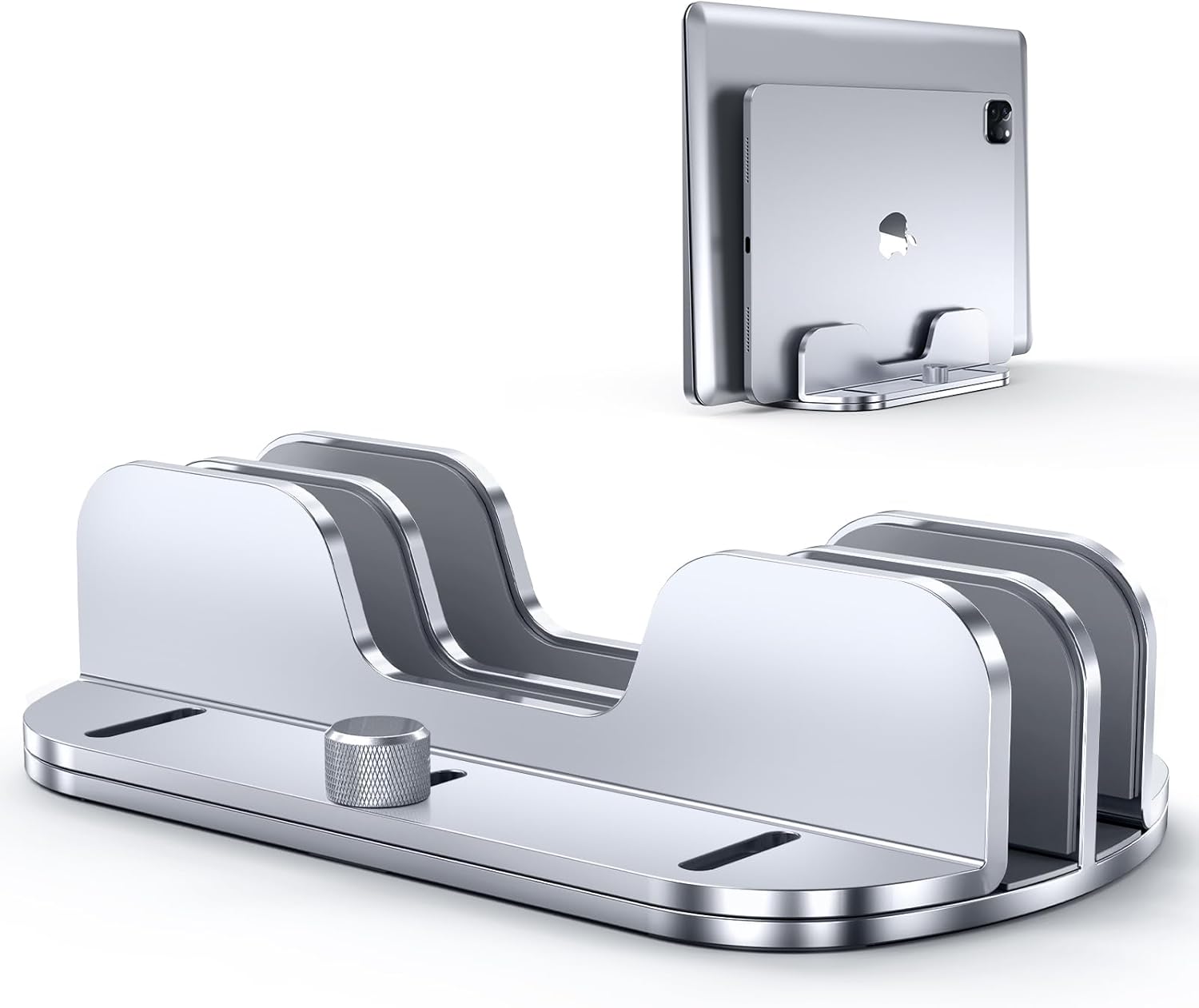 Vertical Laptop Stand Holder for Desk, Aluminium Dual Slots Laptop Stand with Adjustable Dock Fits All MacBook, Surface, HP, Dell, Chromebook, Lenovo, Up to 17.3-inch Laptop & Tablet