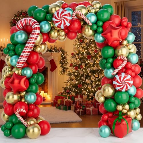 Christmas Balloon Garland Arch Kit 149PCS Red Green Gold Balloons Candy Balloons Gift Box Balloons for Christmas Party Decorations Supplies