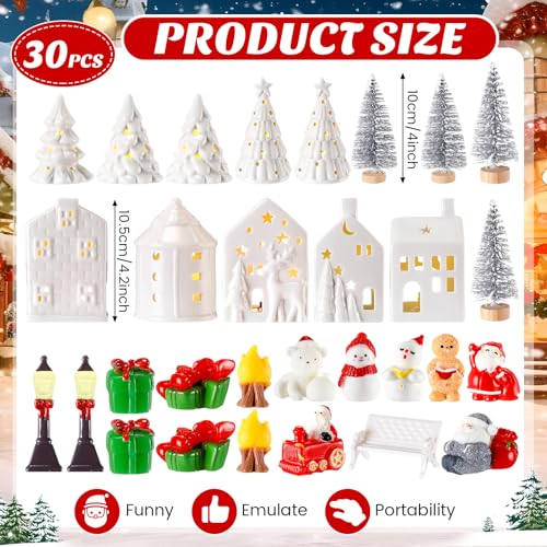 Barydat 30 Pcs White Christmas Village Set Mini Figurines 5 LED Lighted Ceramic Houses 5 Porcelain Xmas Tree 12 Xmas Tree Santa Accessories Christmas Village Collection Kit for Table Decoration
