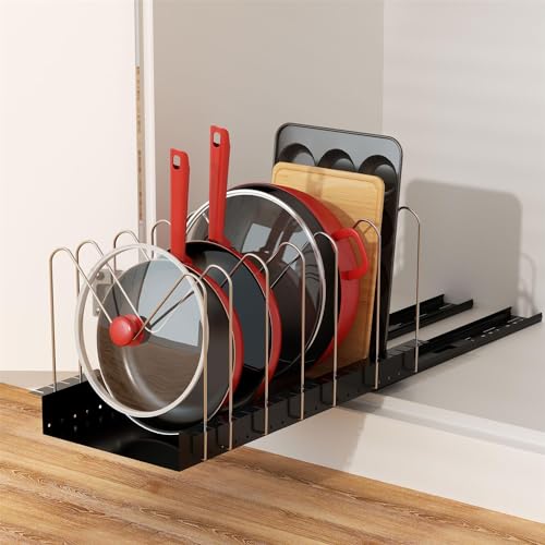 Pull Out Pots and Pans Organizer for Cabinet - Sliding Lid Holder and Pan Rack in Kitchen, Cabinet Pull Out Shelves, Slide Out Cabinet Organizer, Pot Lid, Bakeware and Pan Organizer, Set of 2 Packs