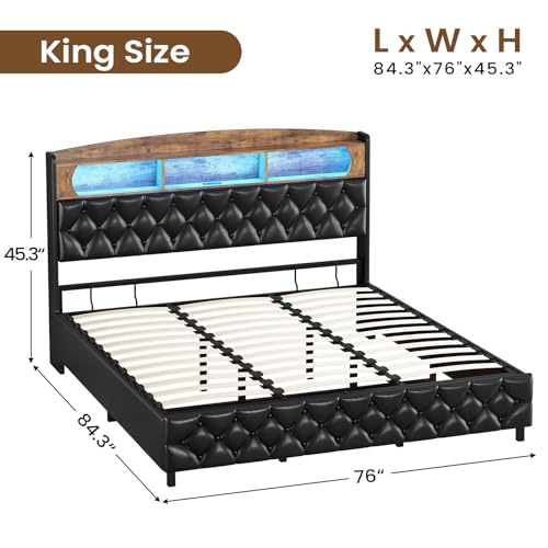 King Size Lift Up Storage Bed Frame, King Platform Bed with Storage & LED LIghts & Charging Station, Upholstered Storage Headboard, No Box Spring Needed, Noise Free, Easy Assembly