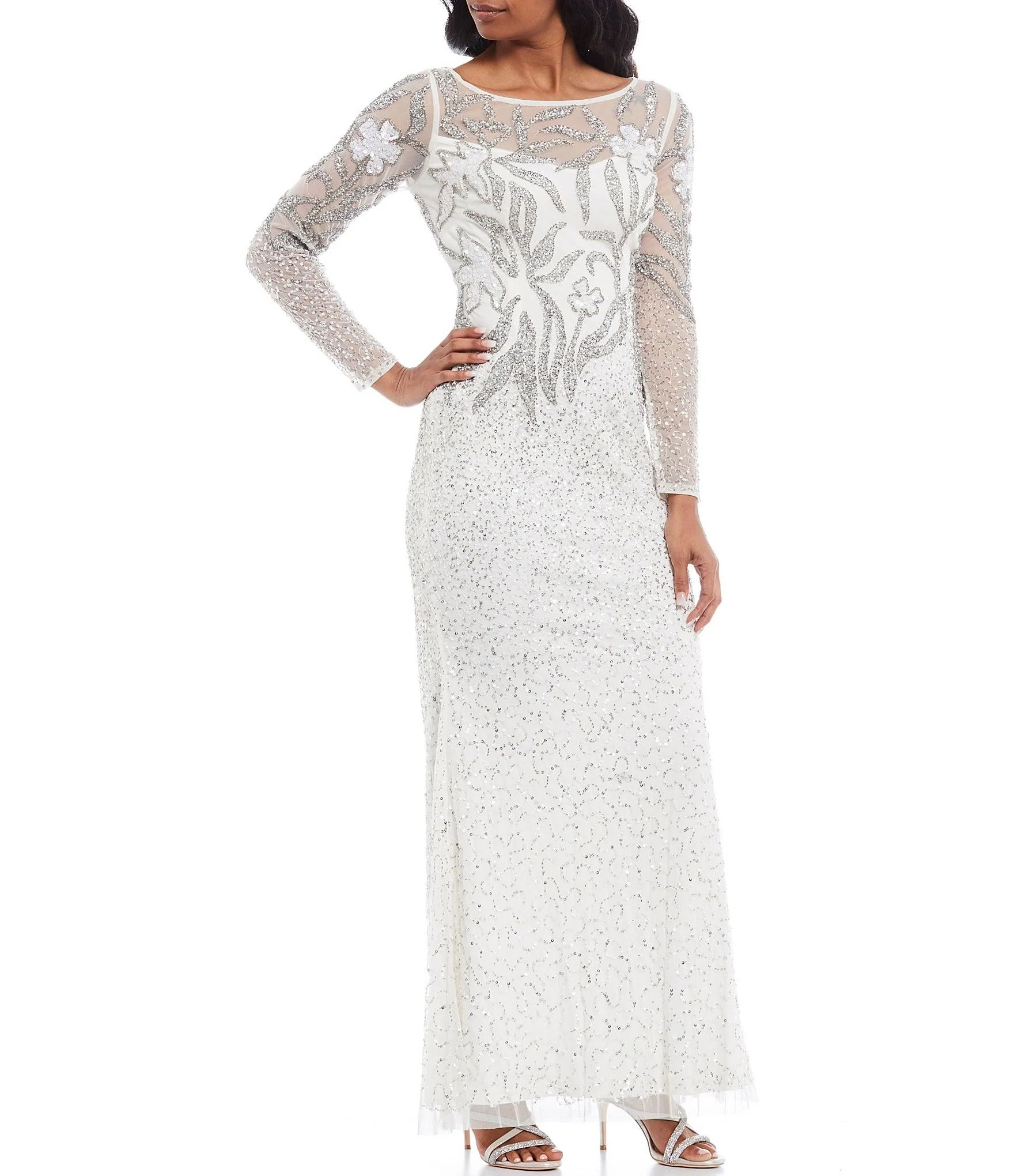 Adrianna Papell Embellished Illusion Gown - Ivory/Silver