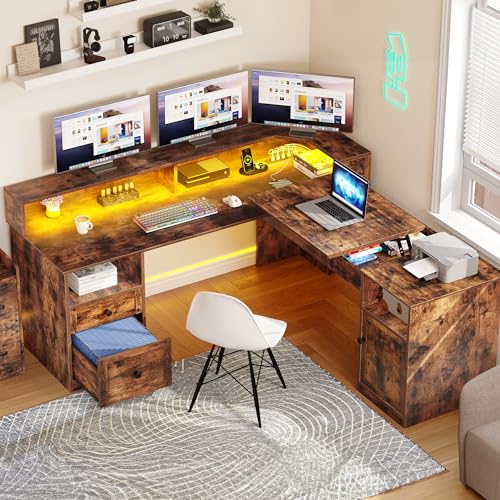 YITAHOME L Shaped Desk with Power Outlets & LED Lights, 60” Computer Desk with Drawers & Lift Top, Home Office Desk with Monitor Stand, Height Adjustable Desk with File Cabinet, Grey