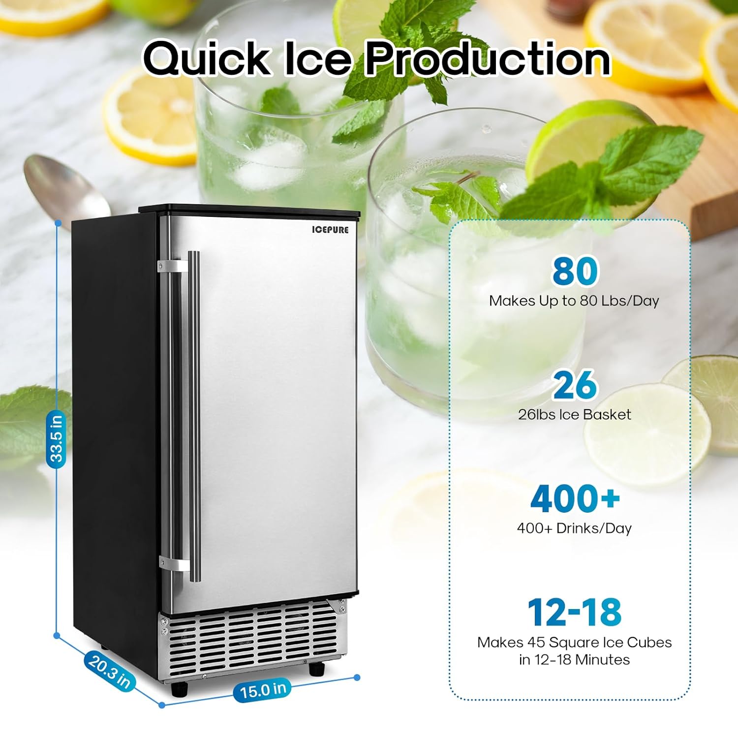ICEPURE Commercial Ice Maker, Built in/Under Counter Ice Maker Machine with Drain Pump, 80 Lbs/24H, Auto-Cleaning, 24H Timer, 26Lbs Storage, Stainless Steel, Perfect for Commercial & Home
