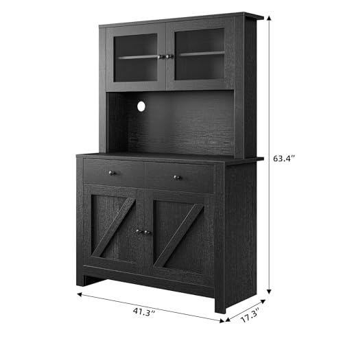 Kitchen Pantry Cabinet with Microwave Stand, Freestanding Hutch Cabinet with Buffet Cupboard, Tall Kitchen Cabinets with Adjustable Shelves for Kitchen, Dining Room, White