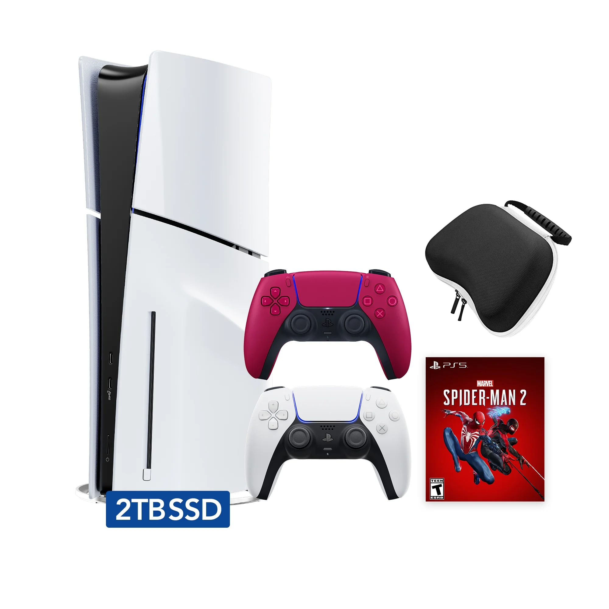 PlayStation 5 Slim Disc 2TB SSD Edition Marvel's Spider-Man 2 Bundle with Two Controllers White and Cosmic Red DualSense and Mytrix Hard Shell Protective Controller Case - PS5 Gaming Console