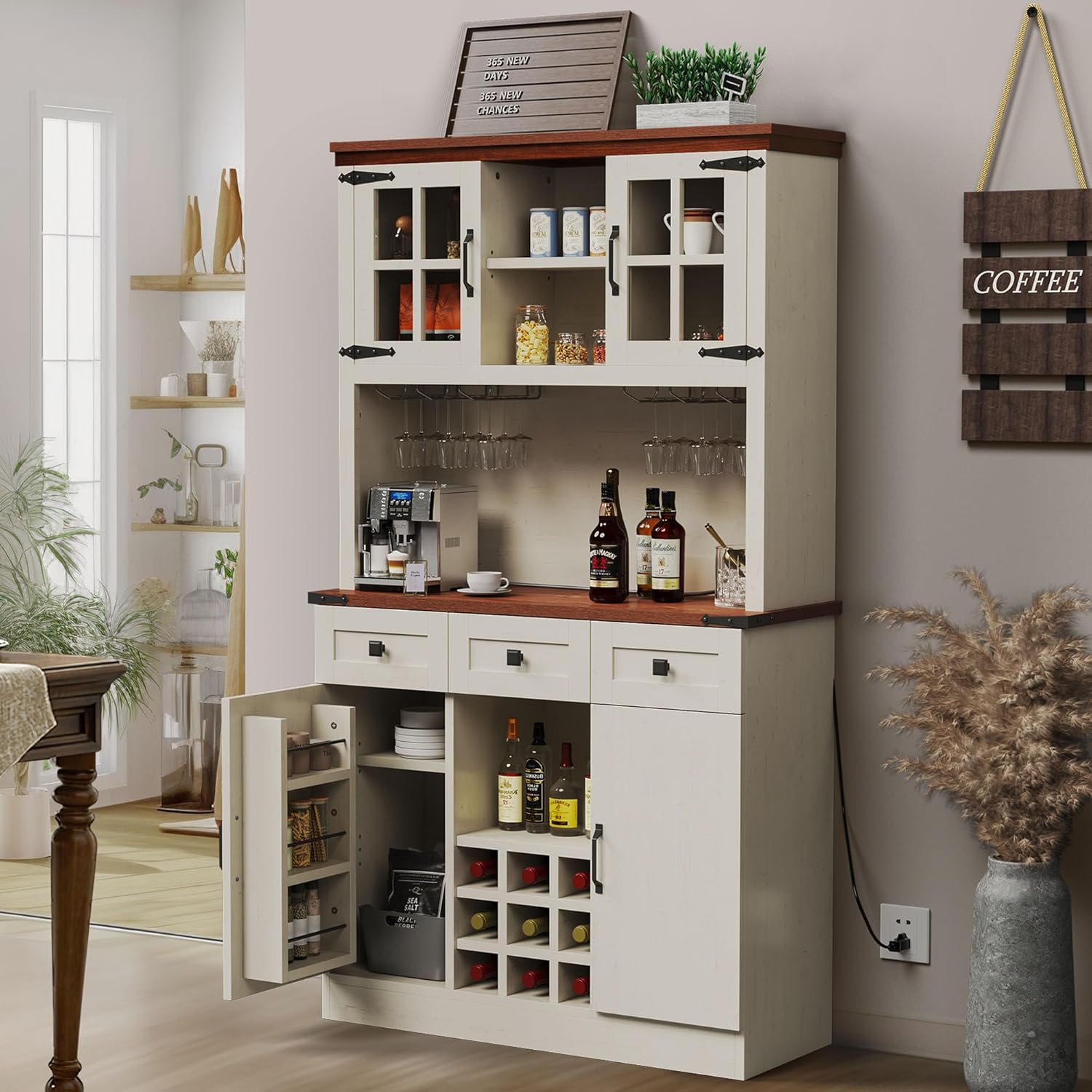 DWVO Farmhouse Kitchen Pantry Cabinet with Power Outlet, 72 Inch Buffet Cabinet with Storage Shelves and 3 Drawers, Pantry Cupboard for Kitchen, Living Room and Dining Room, Antique White