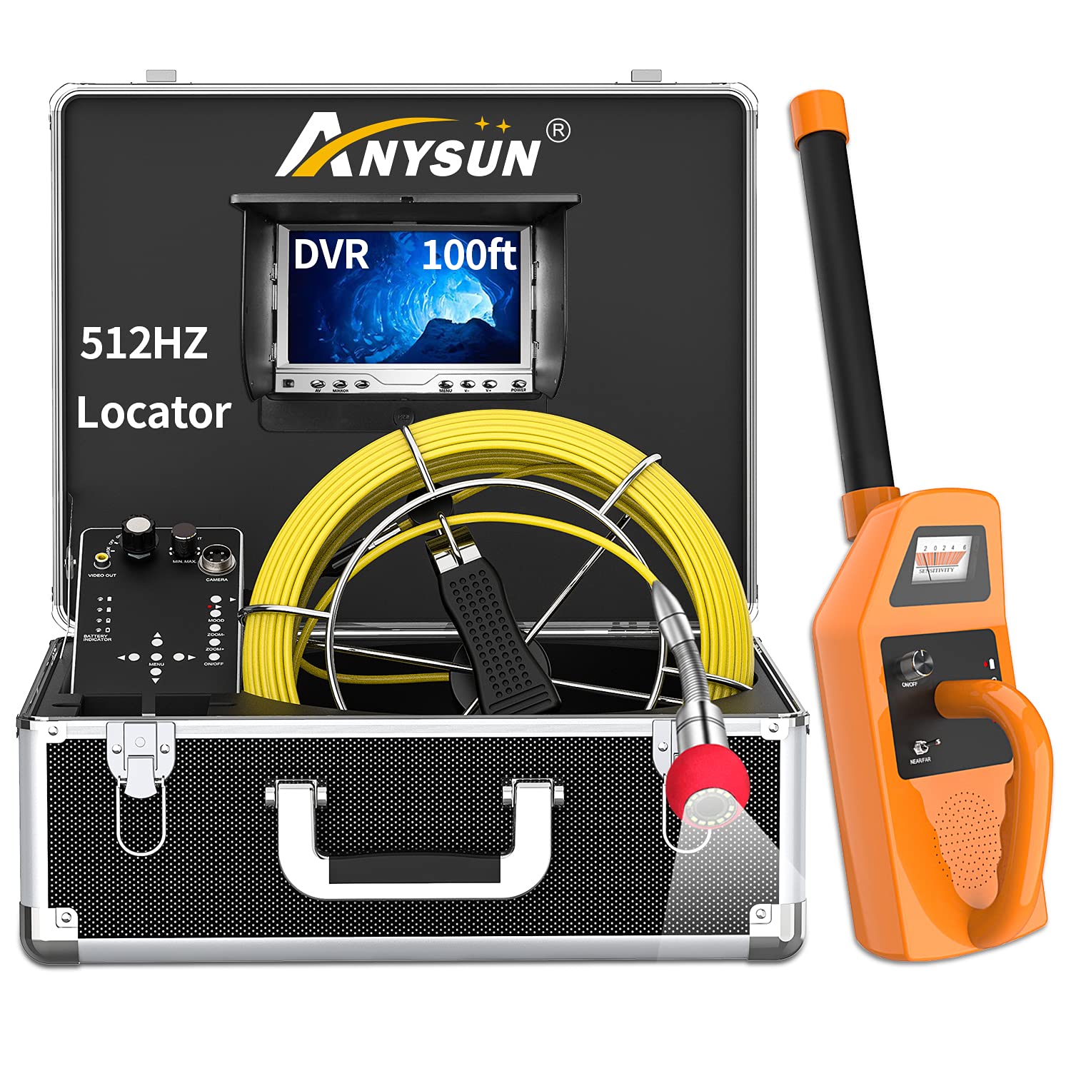Sewer Camera with Locator, Anysun 100ft Inspection Camera with 512Hz Sonde Transmitter and Receiver Plumbing Camera Snake with DVR and 7 LCD Monitor IP68 Waterproof Pipe Inspection Camera(100ft/30m)