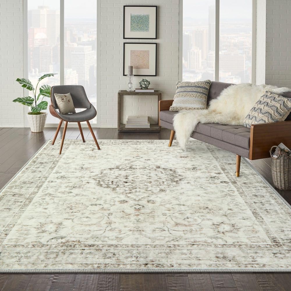 LIVEBOX Machine Washable Area Rugs 8x10 - Large Farmhouse Rugs for Living Room Oriental Rug for Bedroom, Non-Slip Retro Medallion Carpet Print Distressed Rug for Dining Room Guest Room Office, Taupe