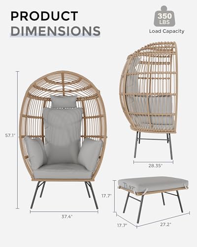 Wicker Egg Chair with Ottoman, Rattan Outdoor Chairs, Oversized Patio Lounge Chair with Cushion, Rattan Egg Basket Chairs for Indoor Outside Living Room Balcony Backyard Garden Patio